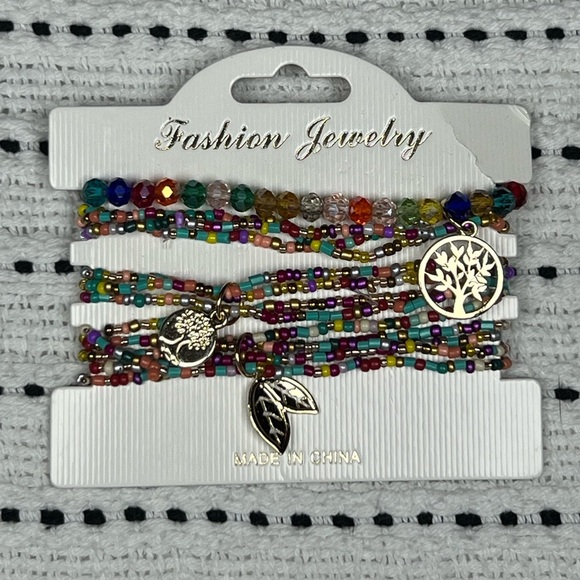Boho Multi-Color Beaded Bracelet Set, elastic stretch bracelets, tree of life - Picture 2 of 3